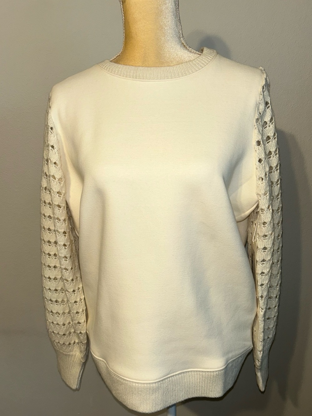 NWT 78&Sunny Cream Knit-Sleeve Crewneck Sweater - Women's Sz L